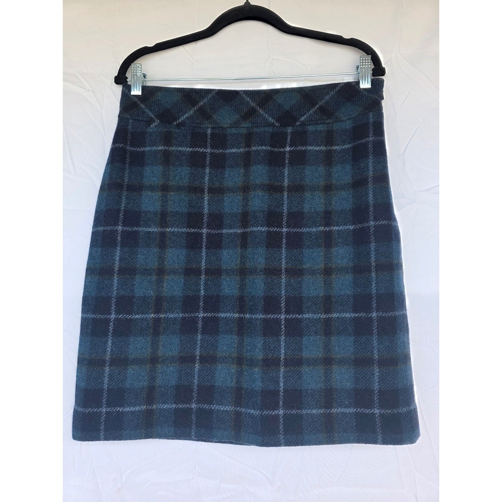 LL Bean Blue Green Plaid Wool Blend Skirt Womens 8 Petite Pencil Skirt Vintage‎